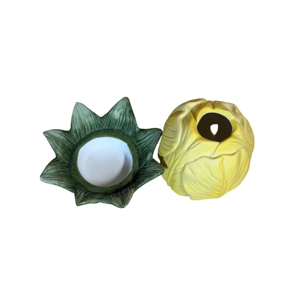 Yellow Ceramic Tulip Votive Candle Holder Two‎ Piece Green Leaf Base Vintage